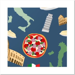 Italian seamless pattern, the symbols of Italy, pizza and pasta Posters and Art